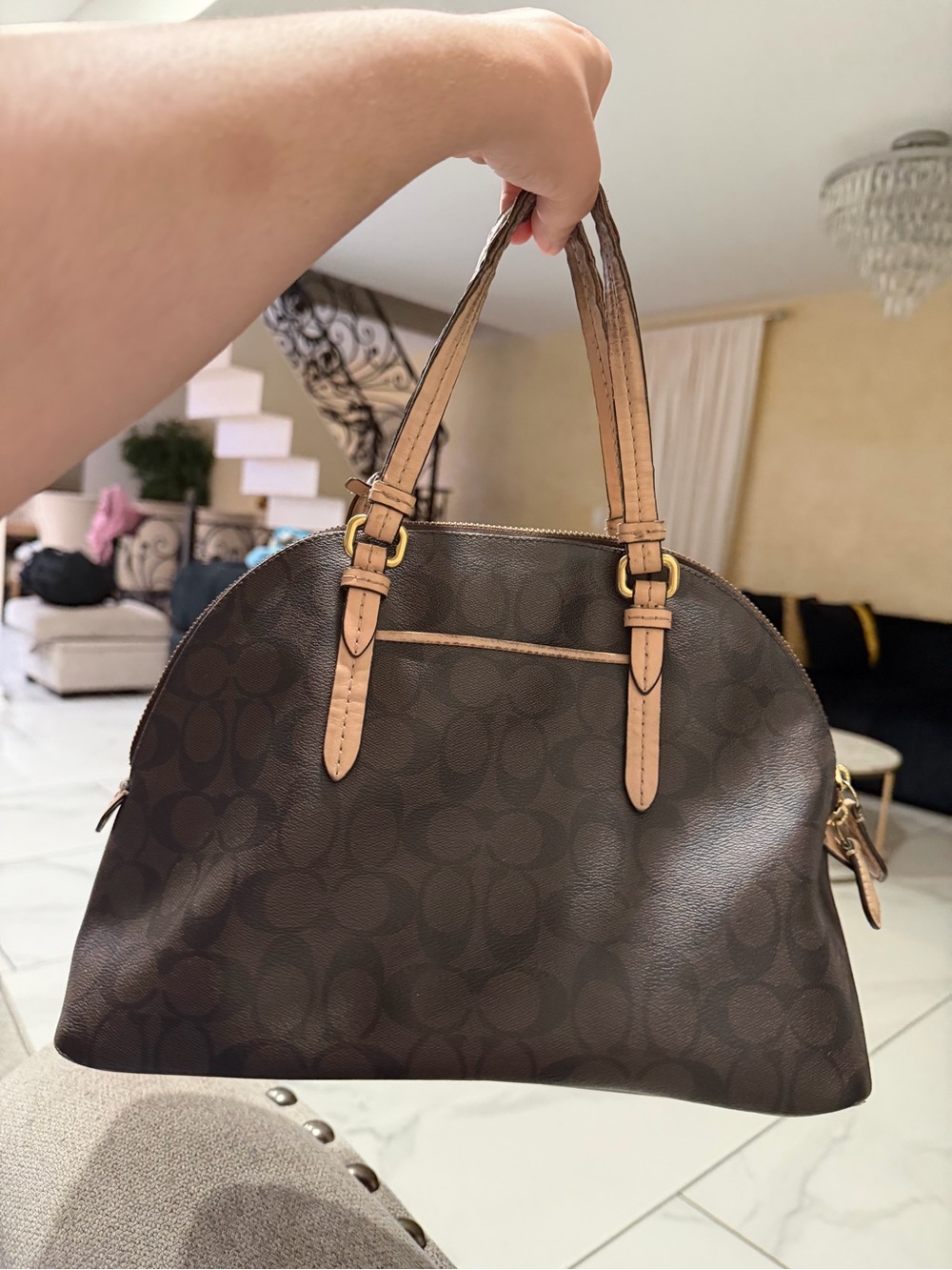 Coach Dark Brown Signature Canvas Dome Satchel with Tan Leather Handles - Picture 2 of 7